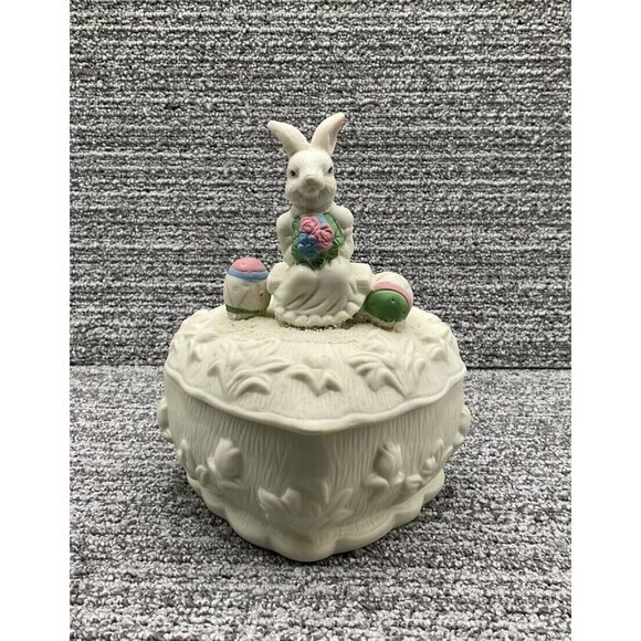 Heart Shaped Bisque Candy Dish Trinket Box Easter Bunny Colored Eggs w Lid 7" T - Picture 1 of 8